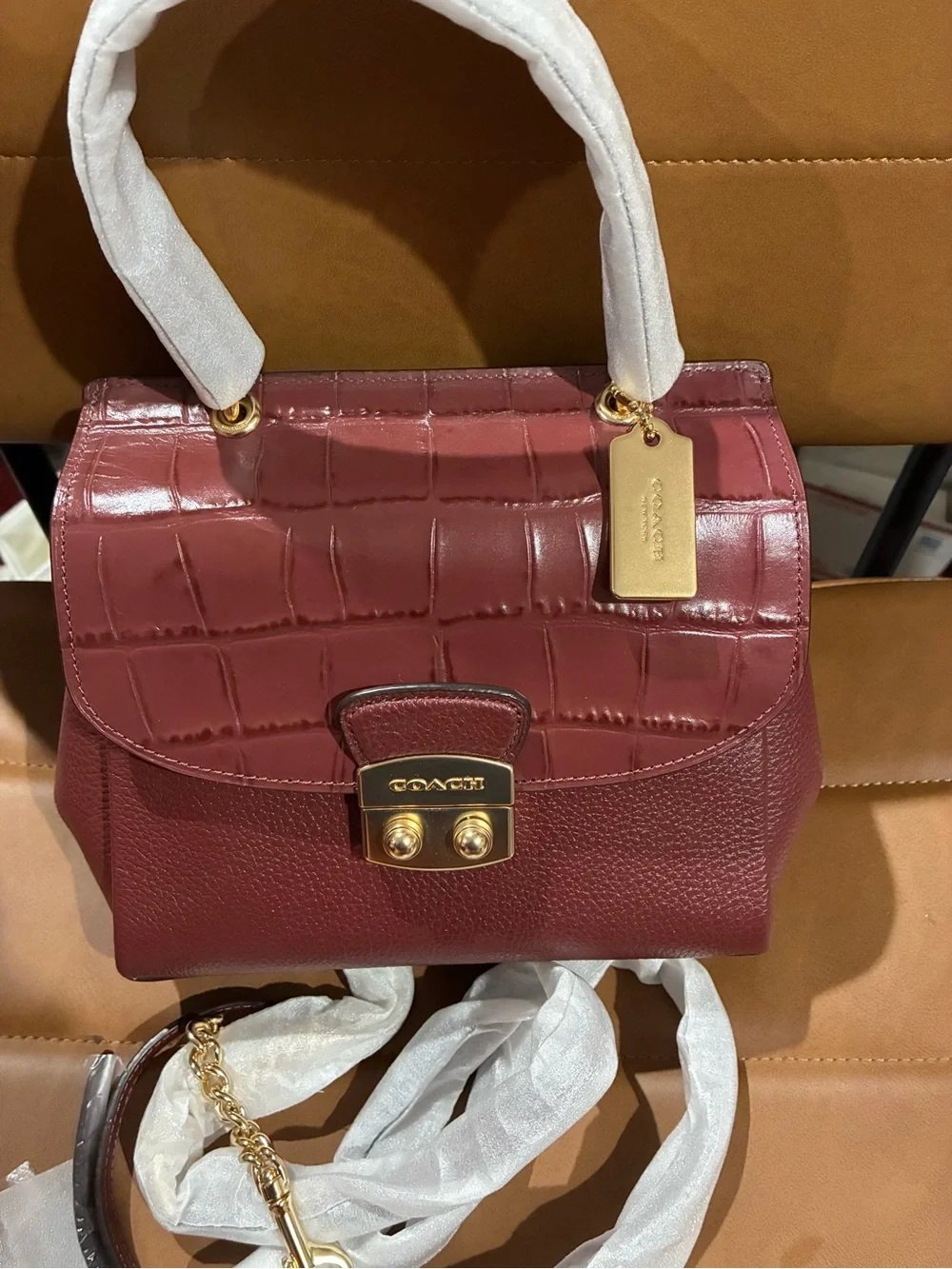 Coach Burgundy Leather Top-Handle Satchel in Croc,Pebble,Exotics Leather
